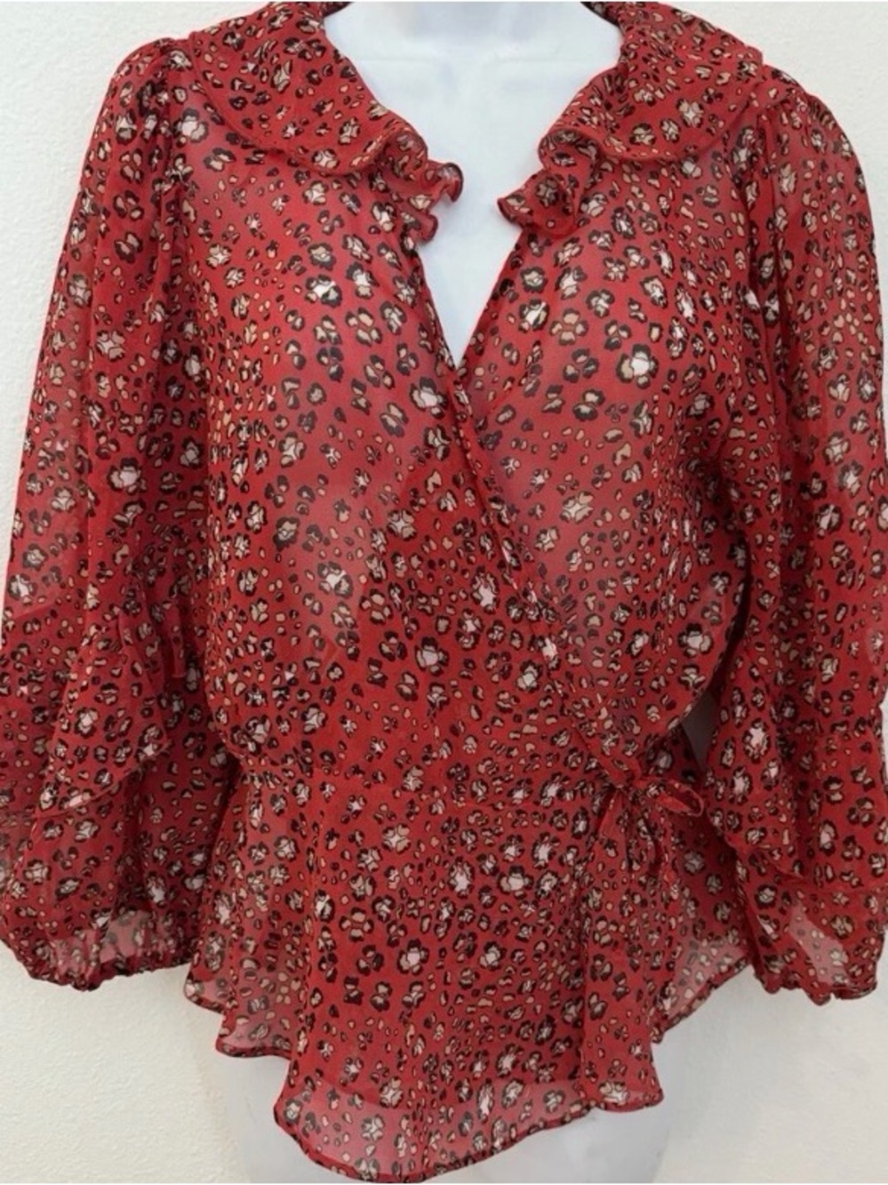 Zara Red Leopard-Print Sheer Wrap Blouse with Ruffle Collar